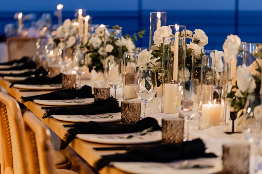 Cabo wedding at The Cape, a Thompson hotel in los cabos, México. Wedding reception lighting. beach black tie wedding. wedding decor. cabo wedding planner.