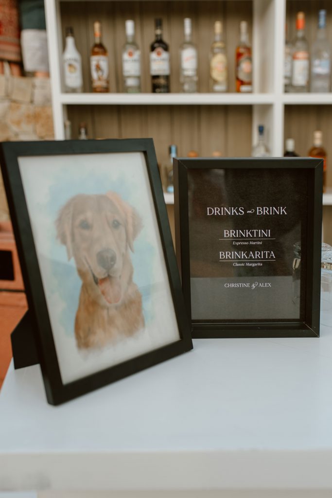 Personalized wedding cocktail menu inspired by the couple's golden retriever, Brink